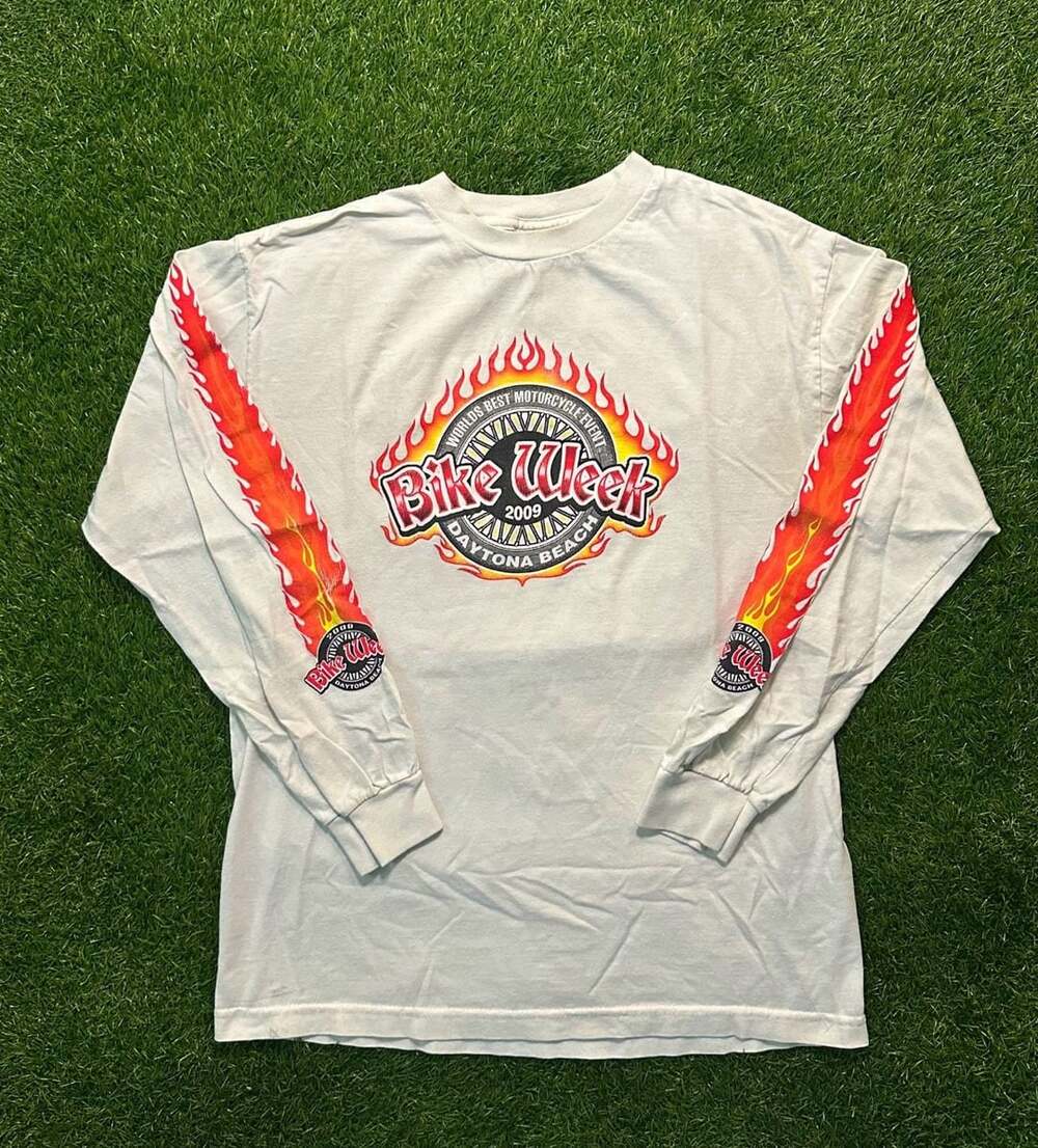Vintage 2009 Daytona Beach Bike Week Long Sleeve T-Shirt Flame Sleeves Size M